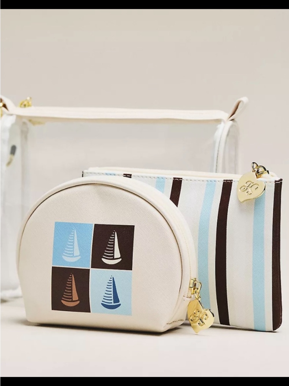 Anthropologie Cream & Blue Clear Cosmetic Bag Set